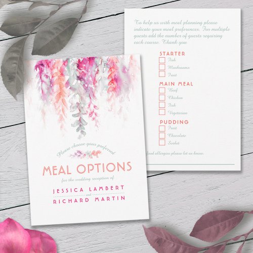 Wedding coral pink flower cascade meal options enclosure card