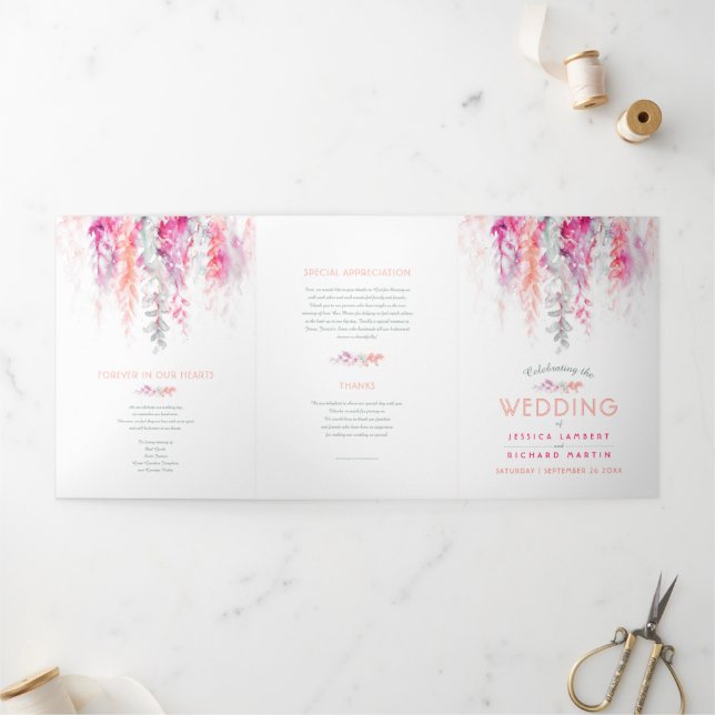 Wedding coral red orange green flower art  Tri-Fold program (Outside)