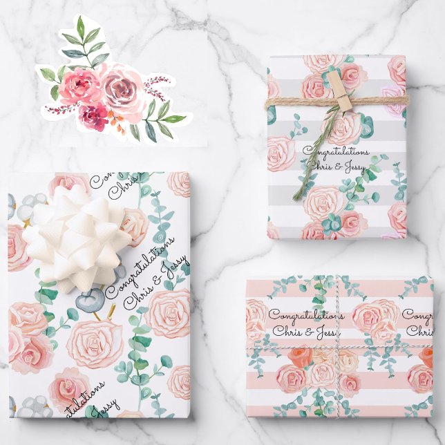 Wedding Country Rose Add Names 3 Gift Wrapping Paper Sheets (Creator Uploaded)