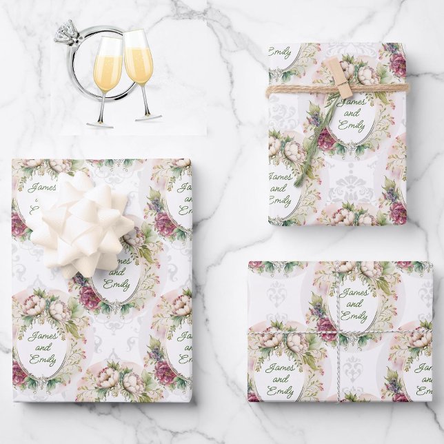 Wedding Country Rose Personalize Names Damask 3 Wrapping Paper Sheets (Creator Uploaded)