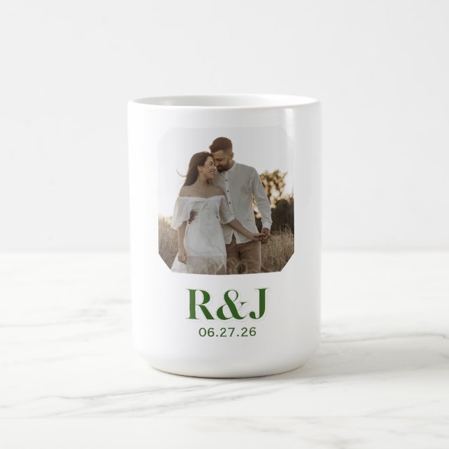 Wedding Couple Add Photo Green Monogram Coffee Mug (Center)