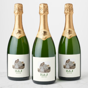 Wedding Couple Add Photo Green Monogram Sparkling Wine Label