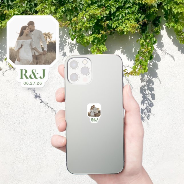 Wedding Couple Add Photo Green Monogram Sticker (Wedding Couple Add Photo Green Monogram Sticker)