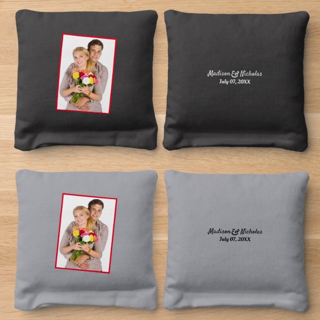Wedding Couple Add Photo Special Date Black Gray Cornhole Bags (Wood)