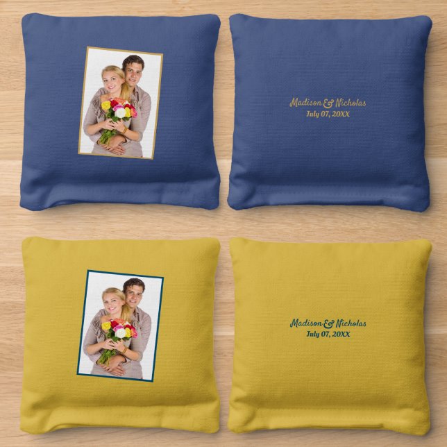 Wedding Couple Add Photo Special Date Blue Yellow Cornhole Bags (Wood)