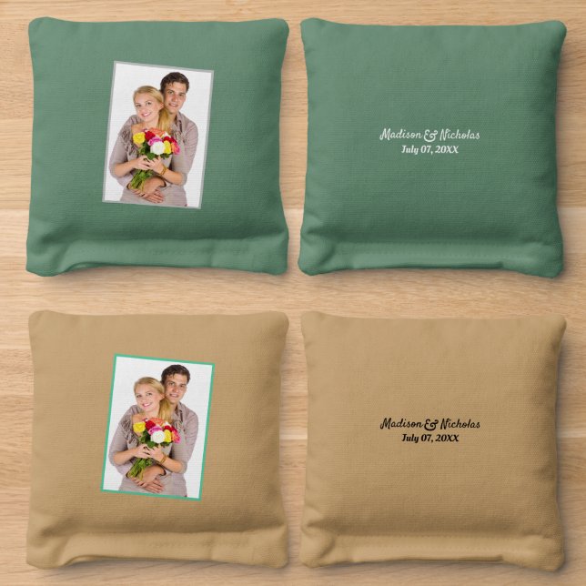 Wedding Couple Add Photo Special Date Green Gold Cornhole Bags (Wood)