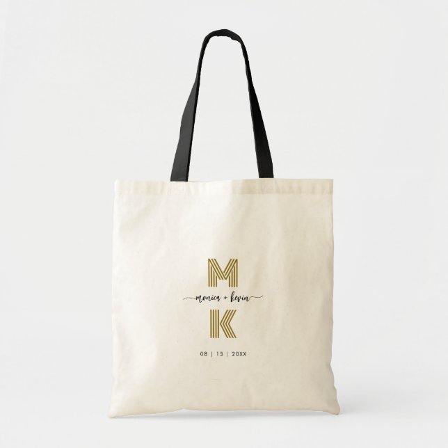 Wedding Couple Black Gold Elegant Simple Monogram Tote Bag (Front)