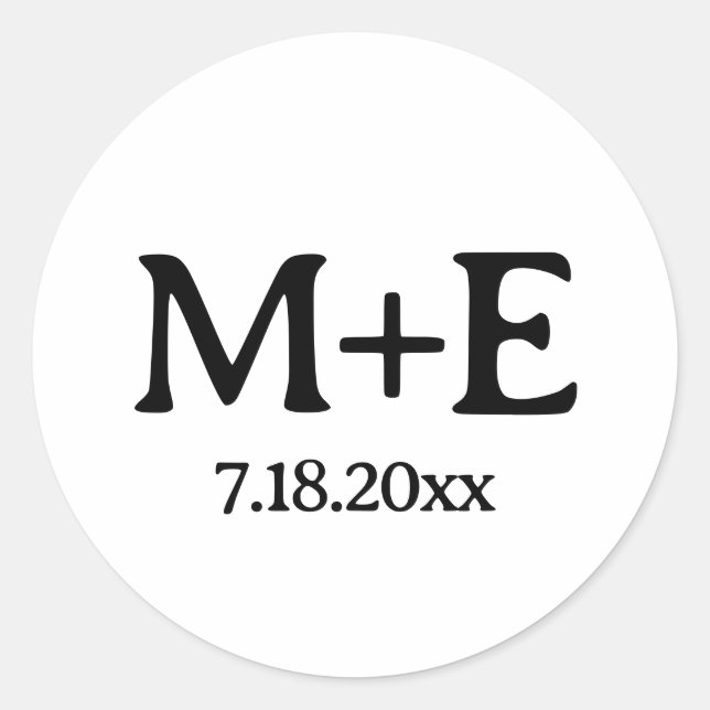 Wedding Couple Black Initials & Date Classic Round Sticker (Front)
