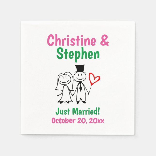 Wedding Couple Bride Groom Cute Stick Figure Napkins (Front)