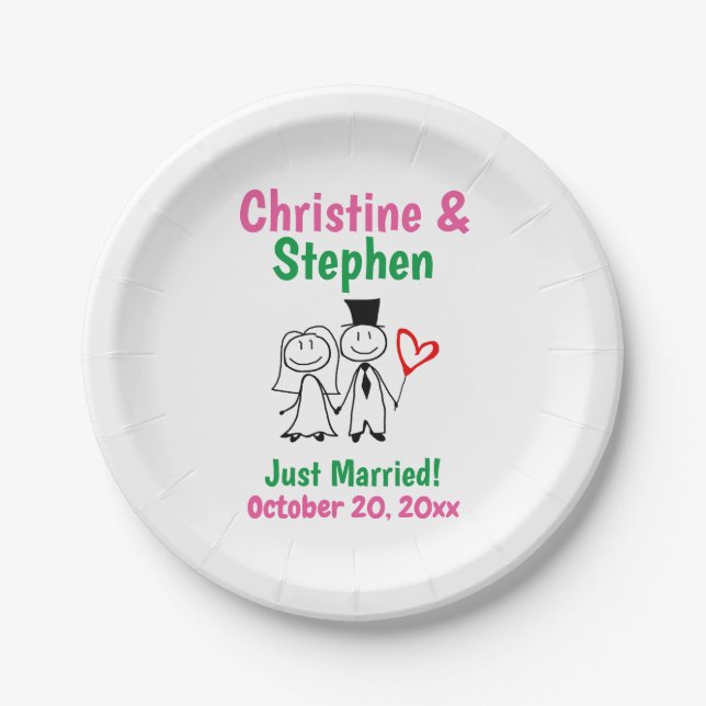 Wedding Couple Bride Groom Cute Stick Figure Paper Plates (Front)