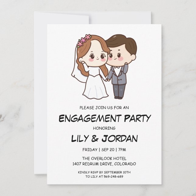 Wedding couple cartoon engagement invitations (Front)