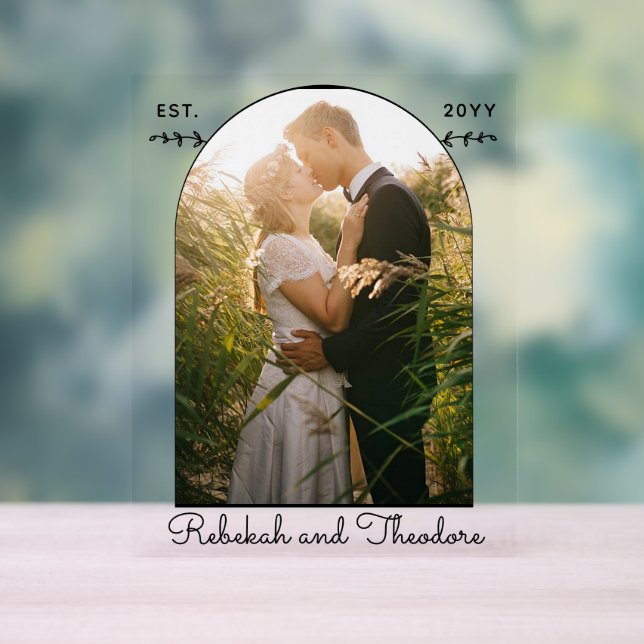 Wedding Couple Custom Arched Photo Name and Date Acrylic Sign (Neutral)