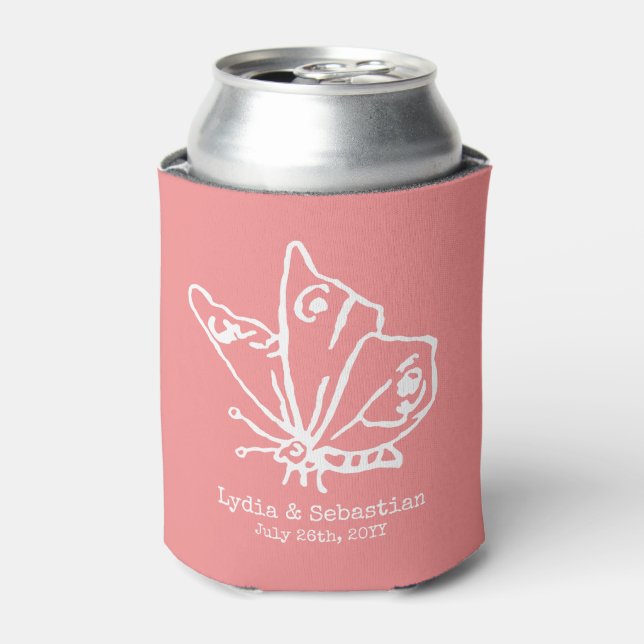 Wedding Couple Custom Names Butterfly | Coral Can Cooler (Can Front)