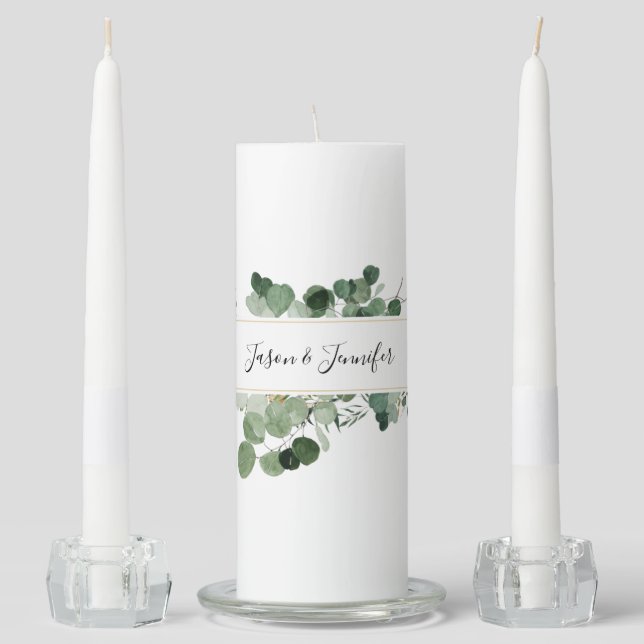 Wedding Couple Custom Names Greenery White Unity Candle Set (Front)