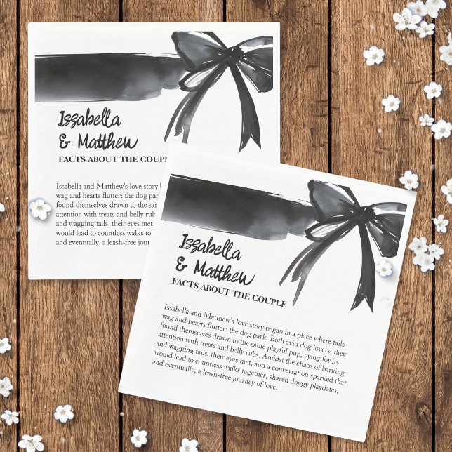 Wedding Couple Facts Trendy Bow Black and White  Napkins ( Wedding Couple Facts Trendy  Watercolor Bow Black and White  Napkins with elegant simple poem text)