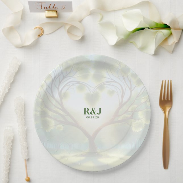 Wedding Couple Green Monogram Paper Plates (Wedding)