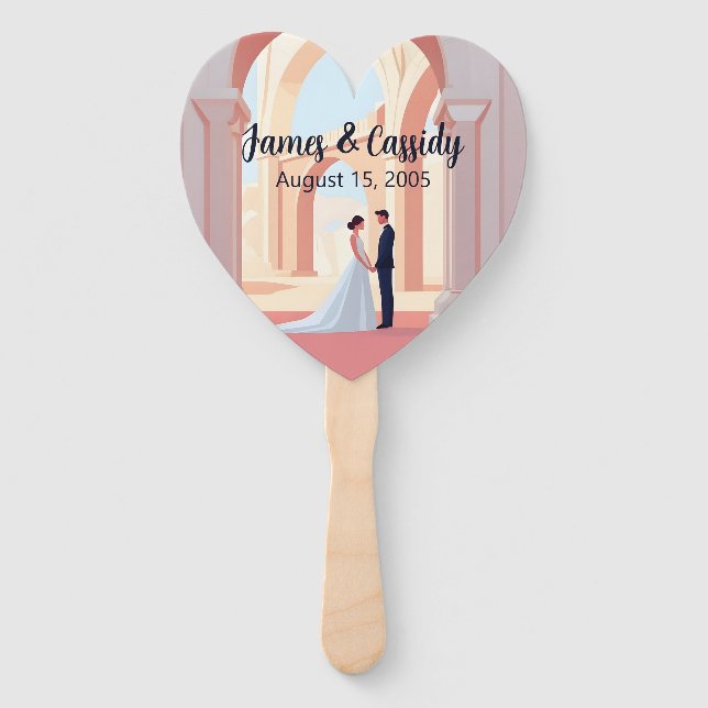 Wedding Couple Illustration Beneath Coliseum Arch Hand Fan (Front)