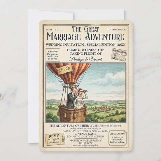 Wedding Couple in a Hot Air Balloon Invitation (Front)