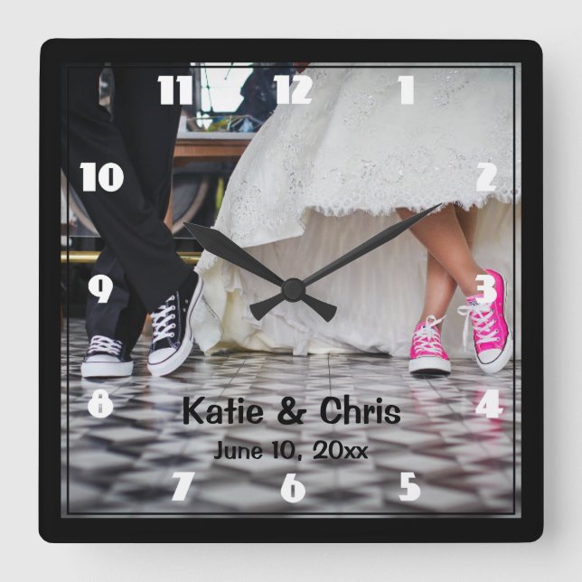 Wedding Couple in a Retro Style Fifties Diner Square Wall Clock (Front)