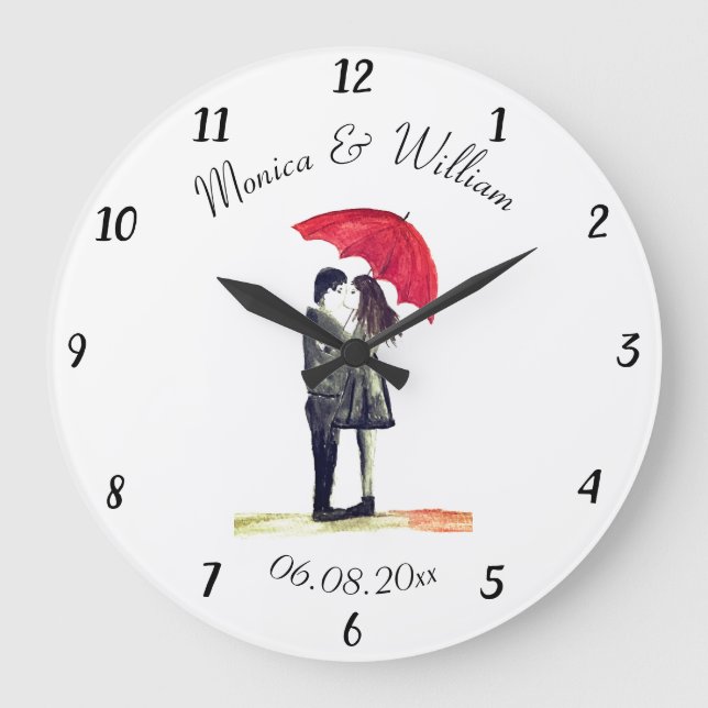 Wedding couple Just married chic watercolor Large  Clock (Front)