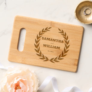 Wedding couple laurel wreath date married DIY chic Engraved Cutting Board