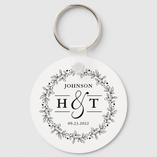 Wedding Couple Letter Monogram Floral Frame Round  Keychain