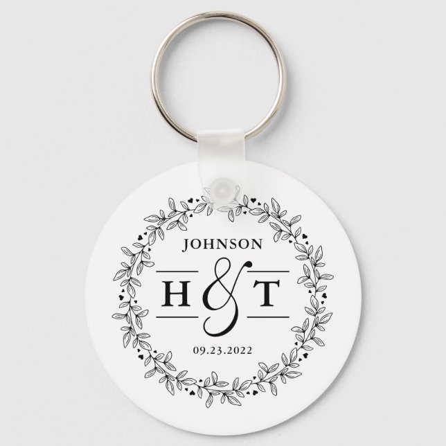 Wedding Couple Letter Monogram Floral Frame Round  Keychain (Front)