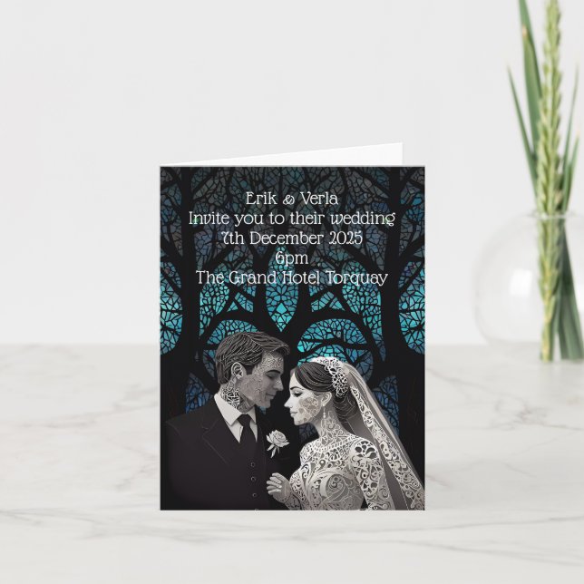 Wedding Couple made of paper on blue tree of life Invitation (Front)