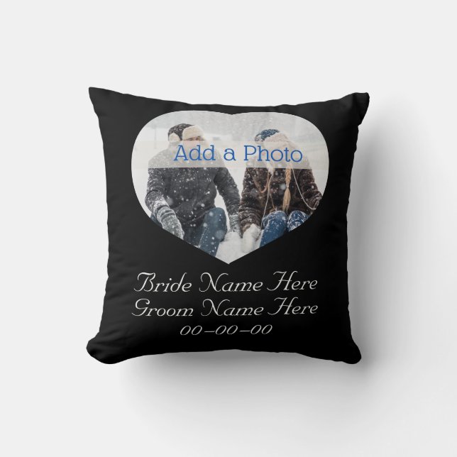 Wedding Couple Modern Heart Photo Black and White Throw Pillow (Front)