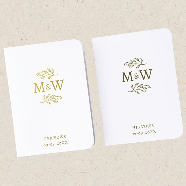Wedding Couple Monogram Botanical Vow Books (Wedding couple monogram initials botanical leaf gold foil vow books)