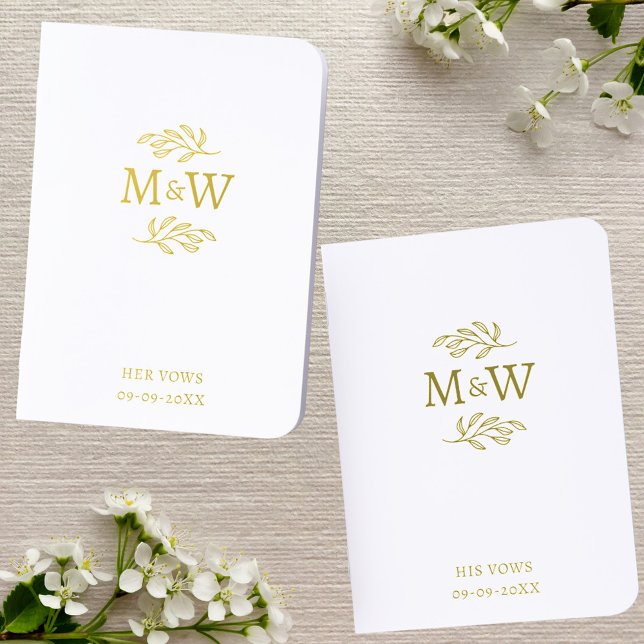 Wedding Couple Monogram Botanical Vow Books (Wedding couple monogram initials botanical leaf gold foil vow books)
