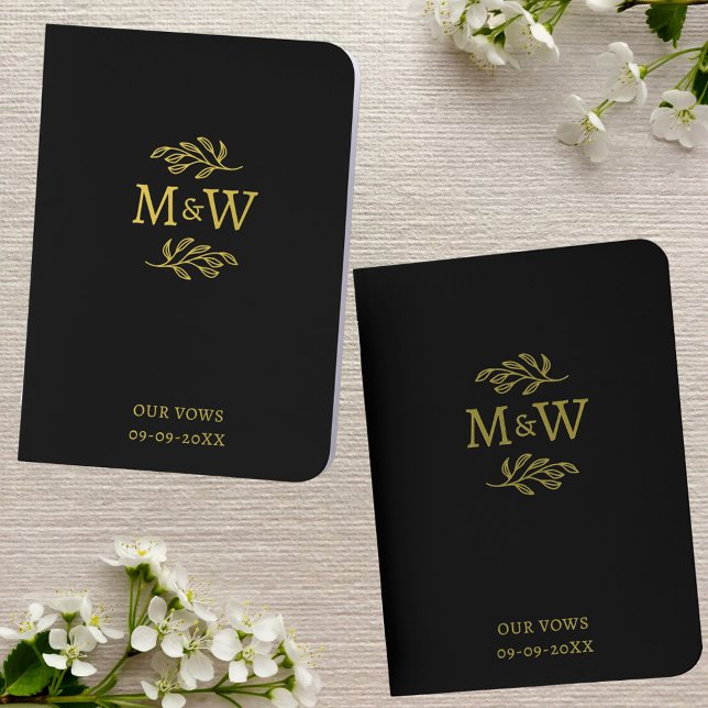 Wedding Couple Monogram Botanical Vow Books Black (Wedding couple monogram initial botanical leaf line art foil vow book set)