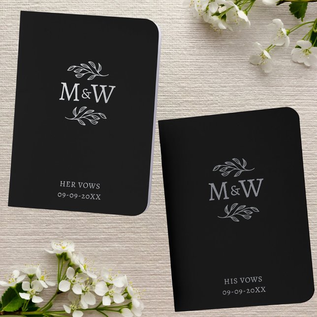 Wedding Couple Monogram Botanical Vow Books Black (Wedding couple monogram initial botanical leaf line art foil vow book set)
