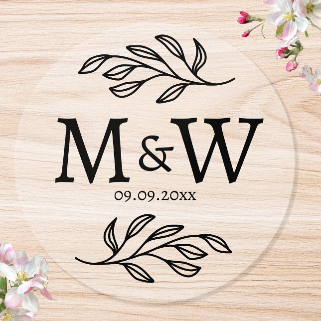 Wedding Couple Monogram Date Botanical Clear Classic Round Sticker (Modern wedding couple monogram initials date clear sticker roll for save the date, favours and more)