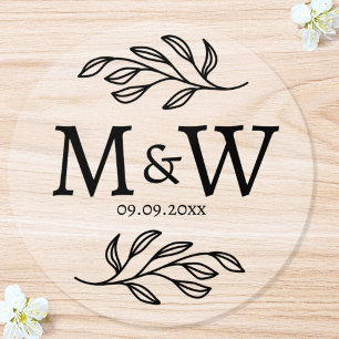 Wedding Couple Monogram Date Botanical Clear Classic Round Sticker