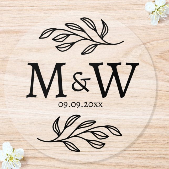 Wedding Couple Monogram Date Botanical Clear Classic Round Sticker (Modern wedding couple monogram initials date clear sticker roll for save the date, favours and more)