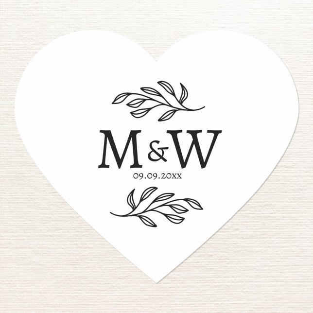 Wedding Couple Monogram Date Botanical Heart Sticker (Modern wedding couple monogram initials date botanical leaf line art heart sticker)