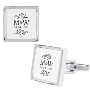 Wedding Couple Monogram Date Botanical Line Art Cufflinks