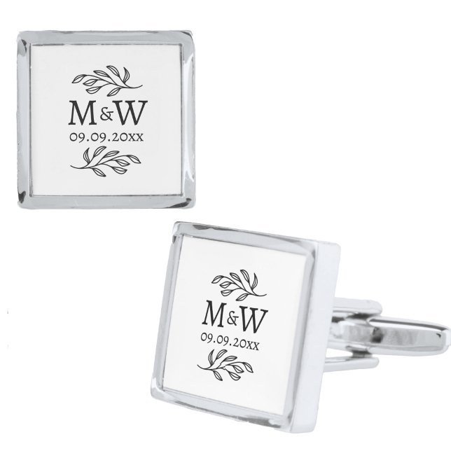 Wedding Couple Monogram Date Botanical Line Art Cufflinks (Wedding couple monogram initials date botanical line art cufflinks)