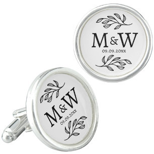 Wedding Couple Monogram Date Botanical Line Art Cufflinks