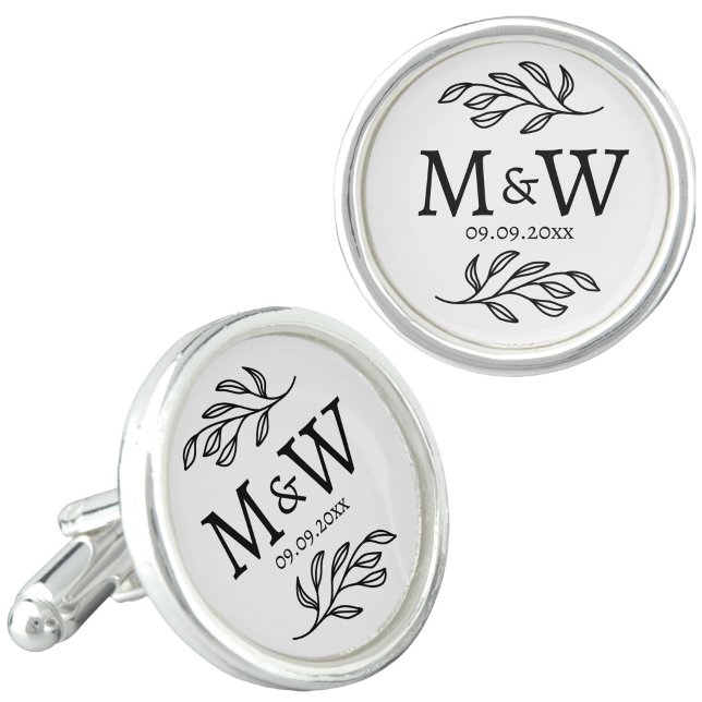 Wedding Couple Monogram Date Botanical Line Art Cufflinks (Modern wedding couple monogram initials date botanical line art cufflinks)