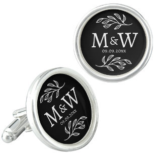 Wedding Couple Monogram Date Botanical Line Black Cufflinks