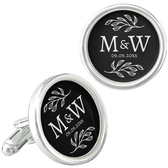 Wedding Couple Monogram Date Botanical Line Black Cufflinks (Wedding couple monogram initials date botanical line art black cufflinks)