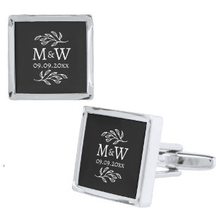 Wedding Couple Monogram Date Botanical Line Black Cufflinks