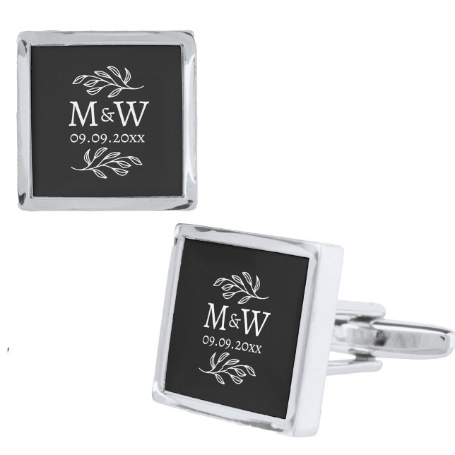 Wedding Couple Monogram Date Botanical Line Black Cufflinks (Wedding couple monogram initials date botanical line art elegant cufflinks)
