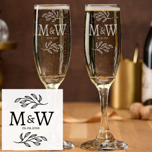 Wedding Couple Monogram Date Elegant Botanical Champagne Flute