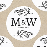 Wedding Couple Monogram Date Elegant Botanical Classic Round Sticker<br><div class="desc">Add a touch of class to your wedding with this unique personalized couple monogram initial and wedding date botanical leaves design.  Modern,  minimalist and simple serif font for a sophisticated look. Ideal for your wedding stationery and favors.  Original art by Nic Squirrell.</div>