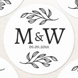 Wedding Couple Monogram Date Elegant Botanical Classic Round Sticker<br><div class="desc">Add a touch of class to your wedding with this unique personalized couple monogram initial and wedding date botanical leaves design.  Modern,  minimalist and simple serif font for a sophisticated look. Ideal for your wedding stationery and favors.  Original art by Nic Squirrell.</div>