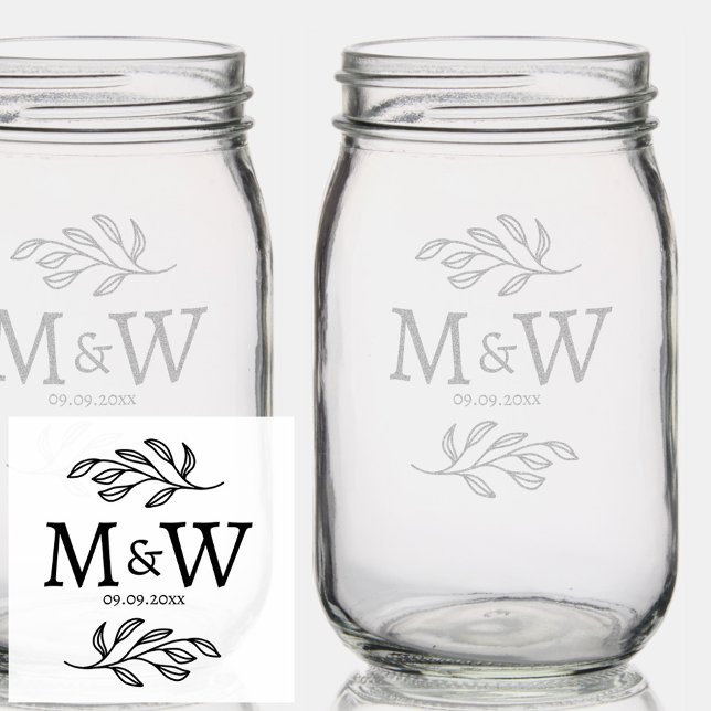 Wedding Couple Monogram Date Elegant Botanical Mason Jar (Wedding couple monogram initials and date personalized botanical etched mason jar)