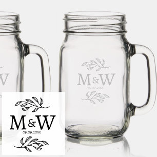 Wedding Couple Monogram Date Elegant Botanical Mason Jar W/ Handle